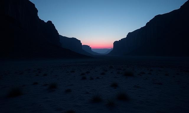 Dunkle, geheimnisvolle Schatten in einer felsigen Wüstenschlucht bei Sonnenuntergang, passend für Wüsten-Krimis.