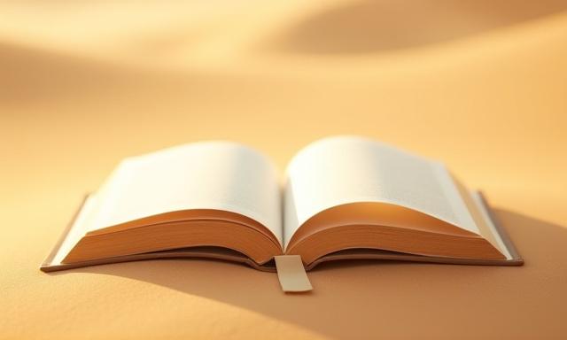Ein aufgeschlagenes Buch mit einem eleganten Lesezeichen im goldenen Dünensand, symbolisiert Wüsten-Lyrik.