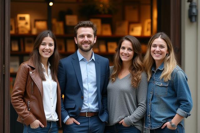 Ein freundliches Team von Oasenbuch Mitarbeitern, die vor einem klassischen Wiener Buchcafé lächeln.